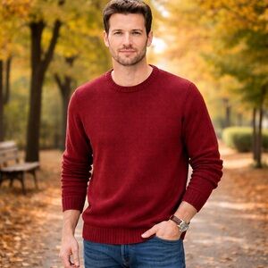 SaddleBred Burgundy Red 100% Cotton Men’s Crewneck Sweater Size L, Classic Knit